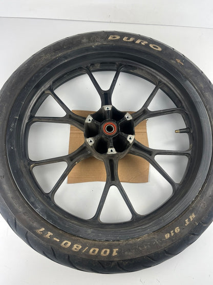 vordere Gussfelge mit Reifen, Derbi/Aprilia ab 2011, 100/80-17, 15mm Achsdurchmesser