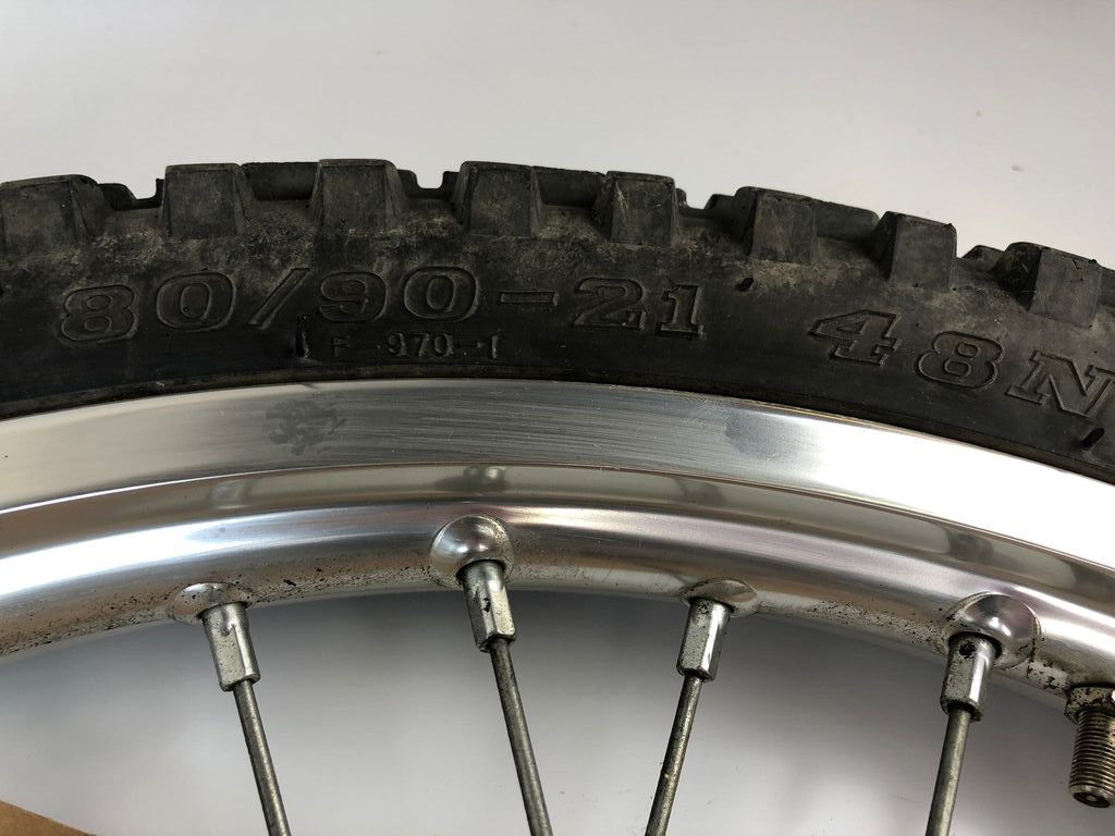 vordere Speichenfelge mit Stollenreifen, Derbi/Aprilia/Gilera, 80/90-21, 12mm Achsdurchmesser